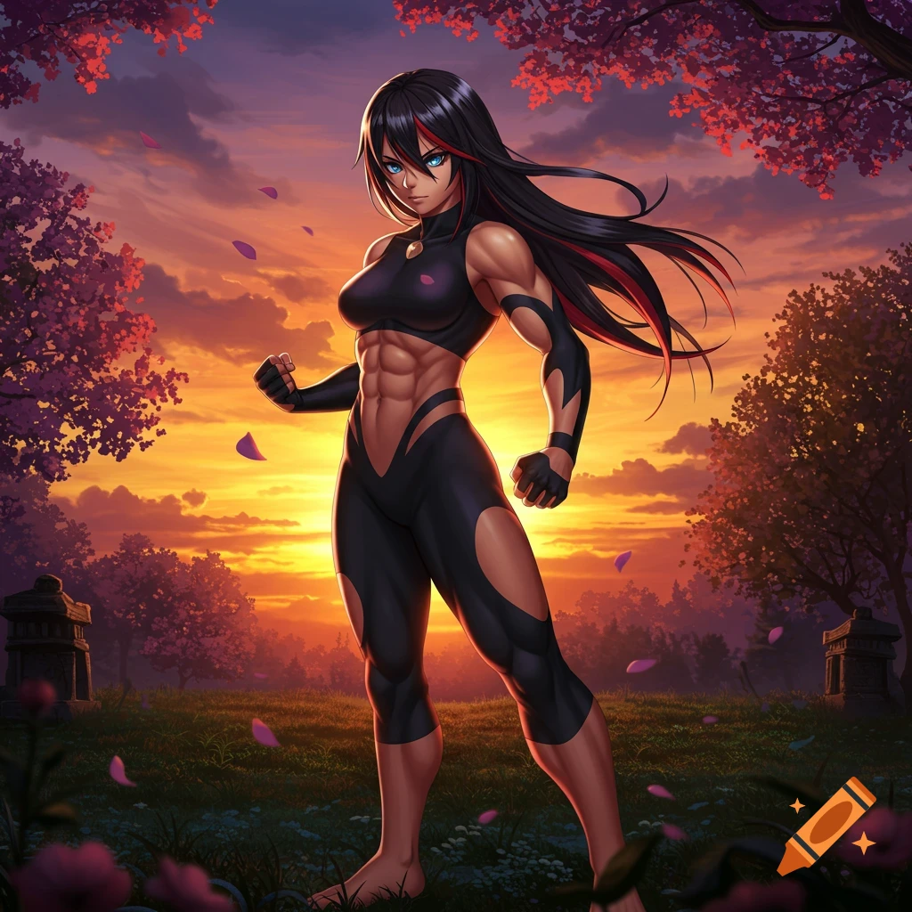 A muscular anime girl with black hair and blue eyes, wearing a black athletic suit, stands flexing in a vibrant sunset landscape with cherry blossoms.