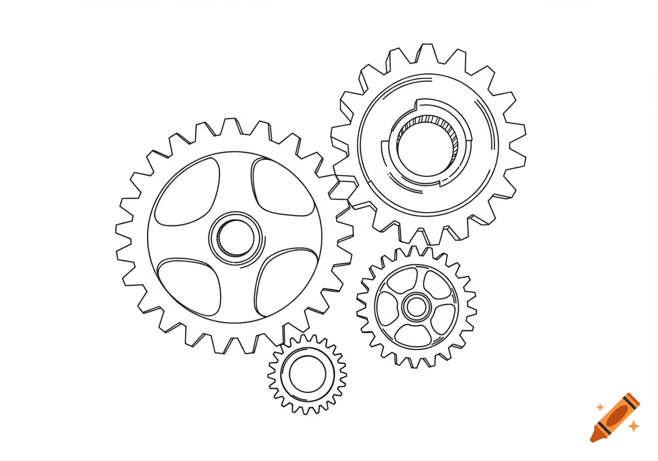 Four line-art gears of varying sizes on a white background.