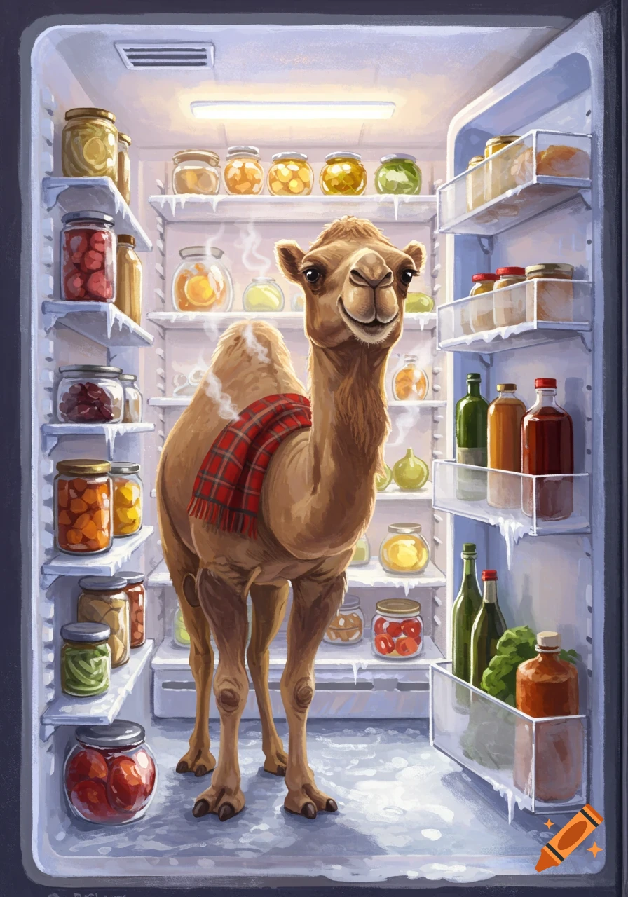 A smiling camel wearing a red plaid scarf stands inside a frosty refrigerator filled with jars and bottles. Illustration.