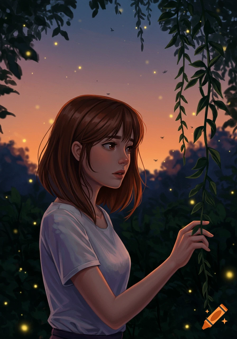 A digital painting of a young woman with brown hair, in a white t-shirt, looking left amidst glowing fireflies in a forest at sunset.