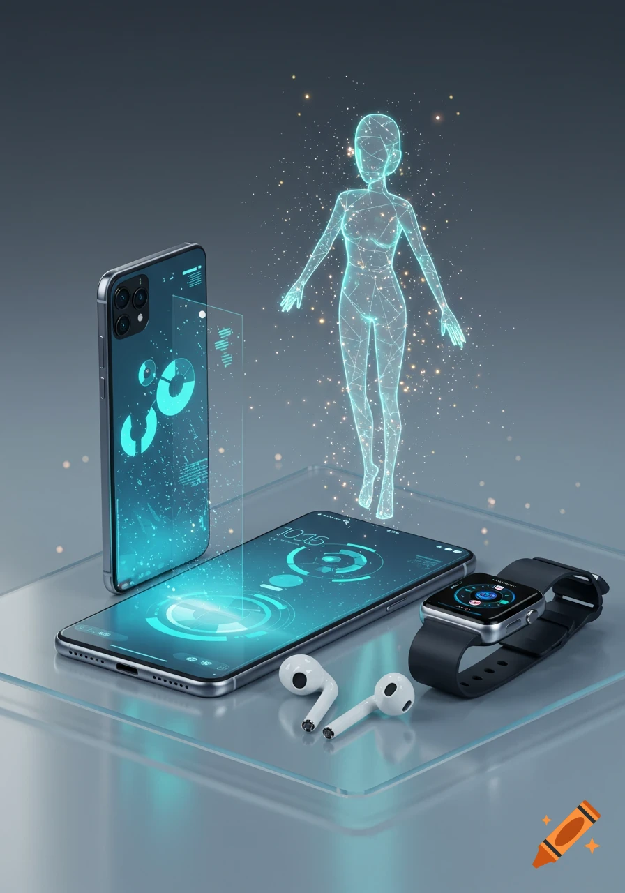 Modern smartphones, smartwatch, and earbuds on a glass surface with a glowing, futuristic wireframe human figure hovering above.