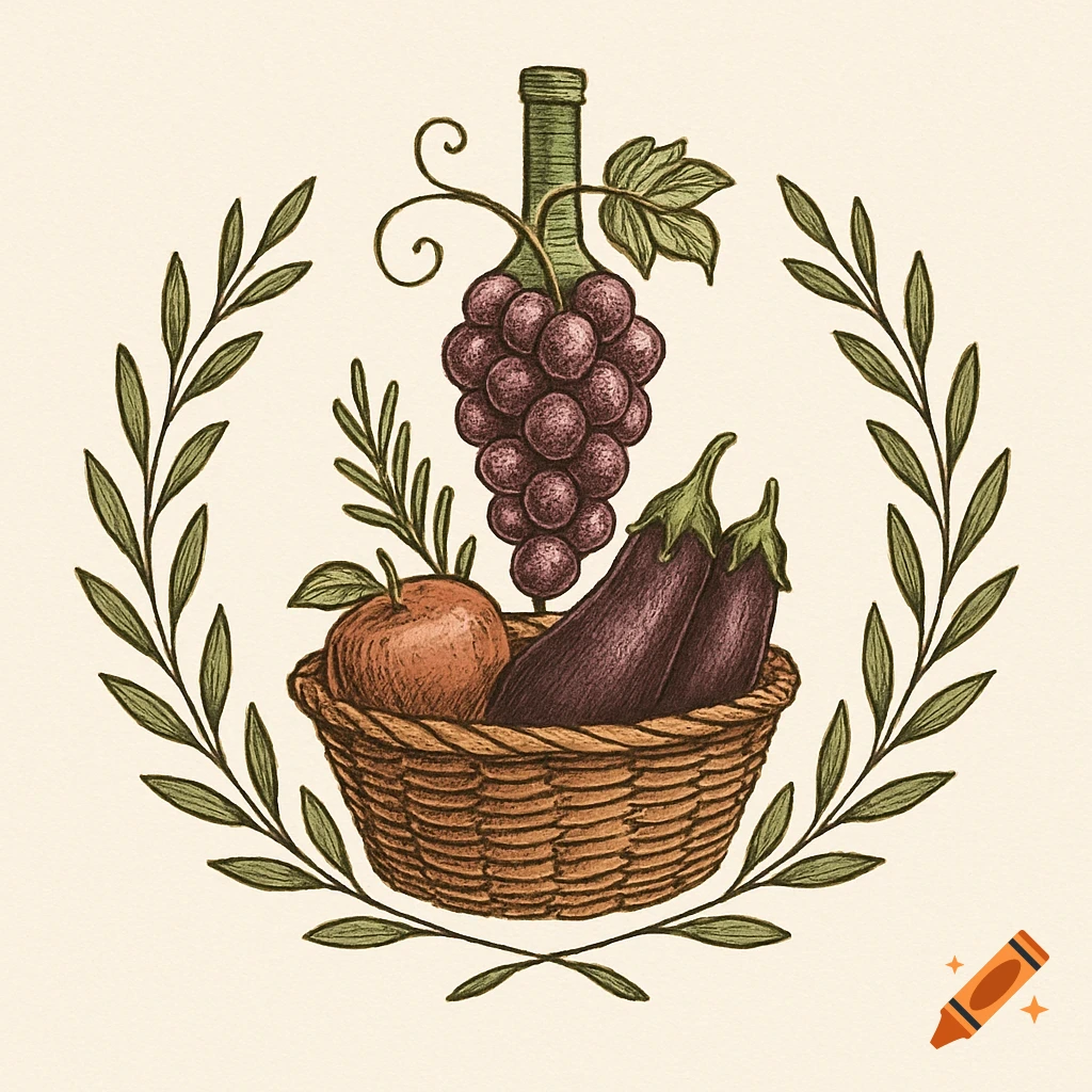 Illustrated logo featuring a wine bottle, grapes, apple, and eggplants in a basket, framed by a leaf wreath, with a textured style.