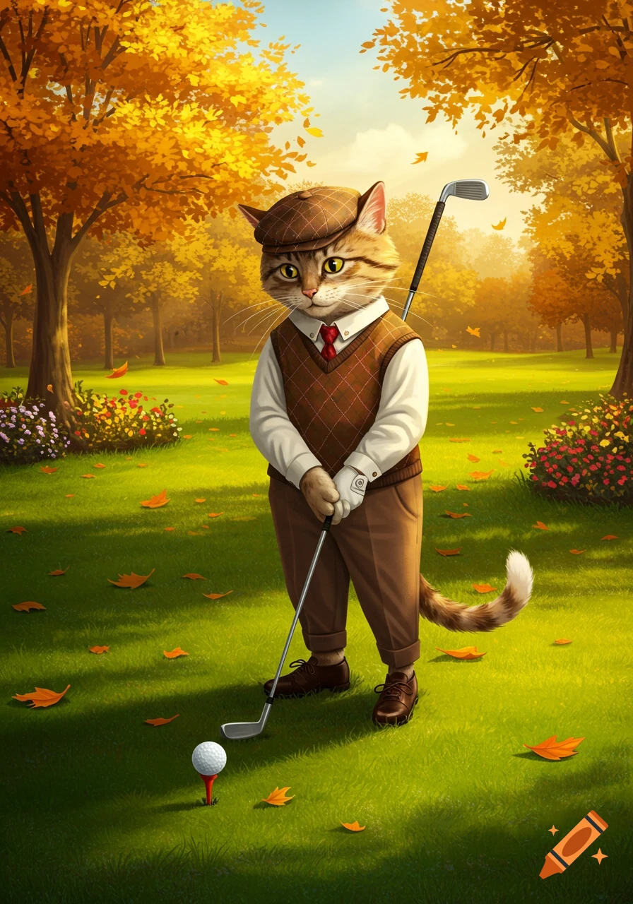 An anthropomorphic cat in golf attire stands on an autumn golf course with a club over a ball.