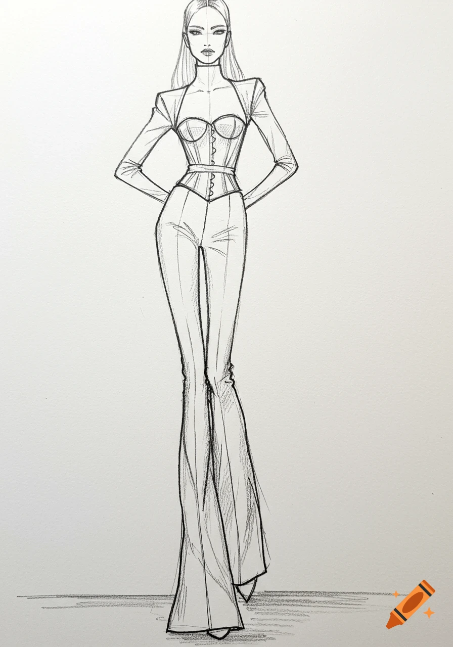 A black and white fashion sketch of a model wearing a corset and flared pants.