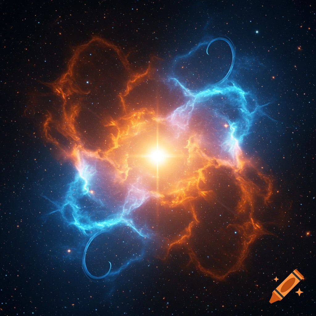 A bright star at the center of an orange and blue nebula with swirling, tentacle-like gas clouds and distant stars in the dark cosmic background.