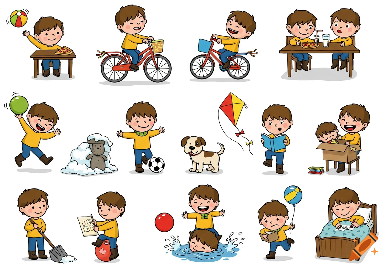 Twelve cartoon illustrations of a young boy playing, riding a bike, eating, reading, and performing other daily activities.