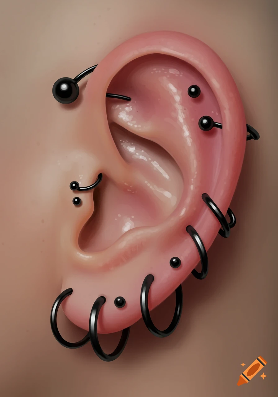 A detailed view of a human ear with multiple black piercings including an industrial, conch hoop, triple lobe hoops, and two helix studs.