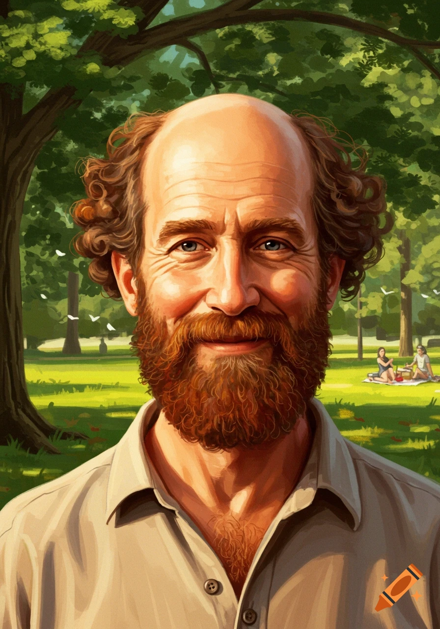 A smiling bald man with curly brown hair on the sides and a red beard looks at the viewer from a park, rendered in a painterly style.