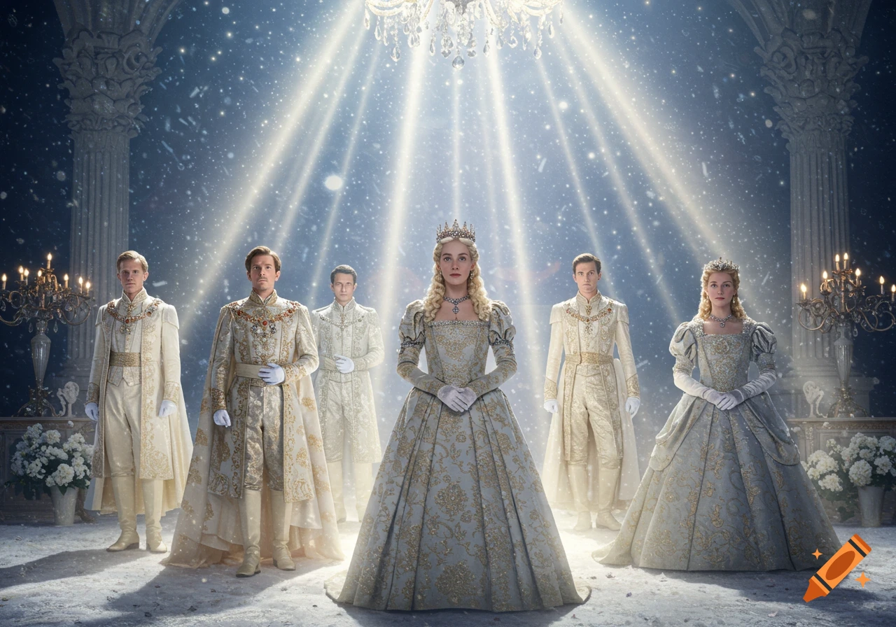 A group of six people in elaborate royal costumes stand formally in a grand hall with magical light rays and falling particles, photorealistic style.