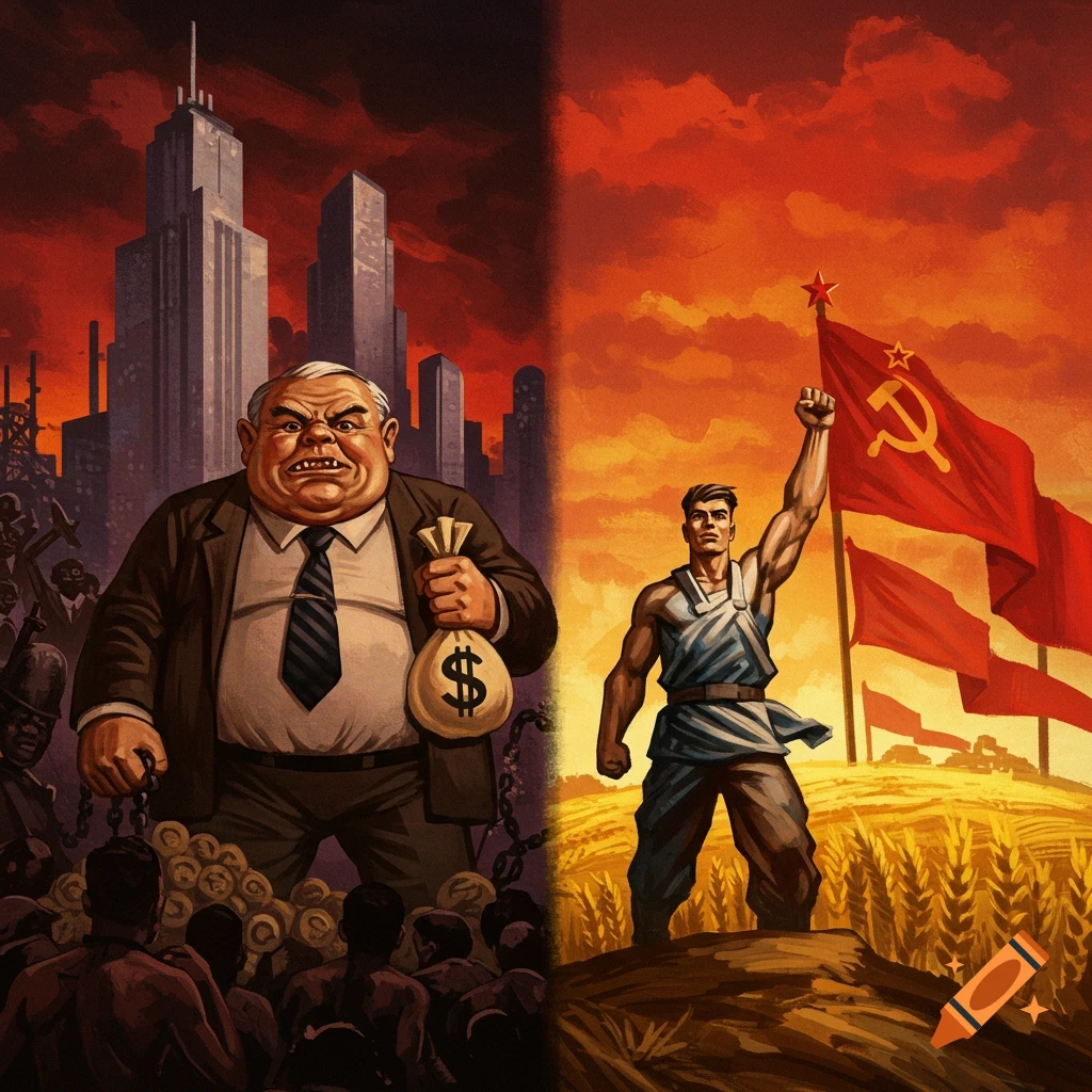 A Soviet propaganda illustration contrasting a greedy capitalist with downtrodden workers against a vibrant communist worker in a field, in an early Cold War style.