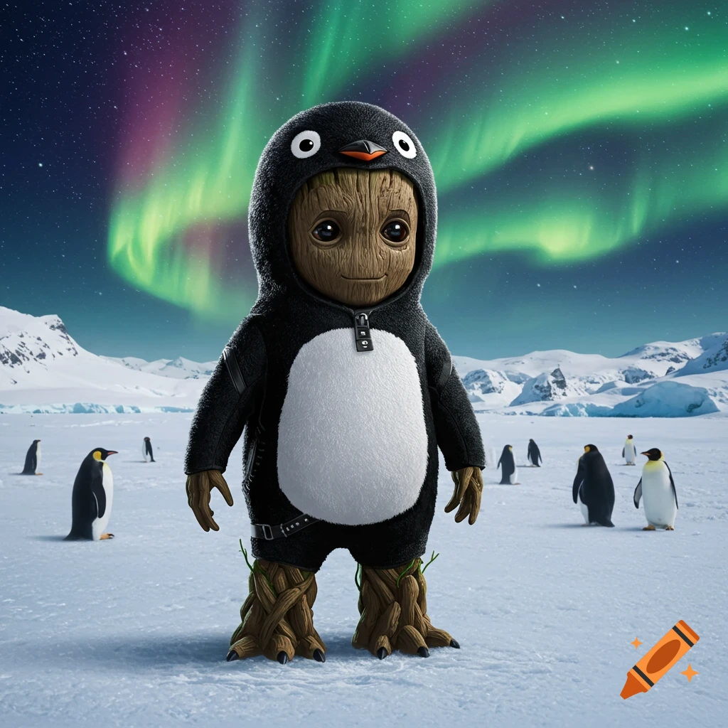 Baby Groot in a penguin costume stands in a snowy arctic landscape under the aurora borealis, surrounded by penguins.