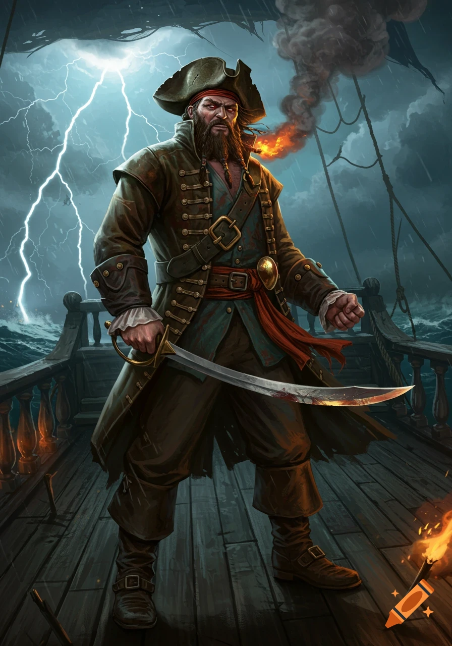 A fierce pirate captain with a beard and eye patch stands on a ship's deck during a stormy night with lightning in a digital painting.