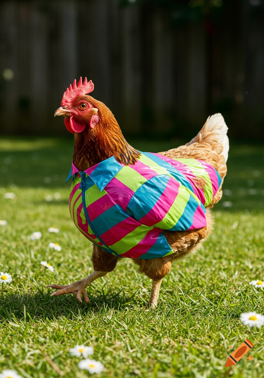 A brown chicken wears a brightly colored, striped shell suit jacket, walking on green grass with white daisies.