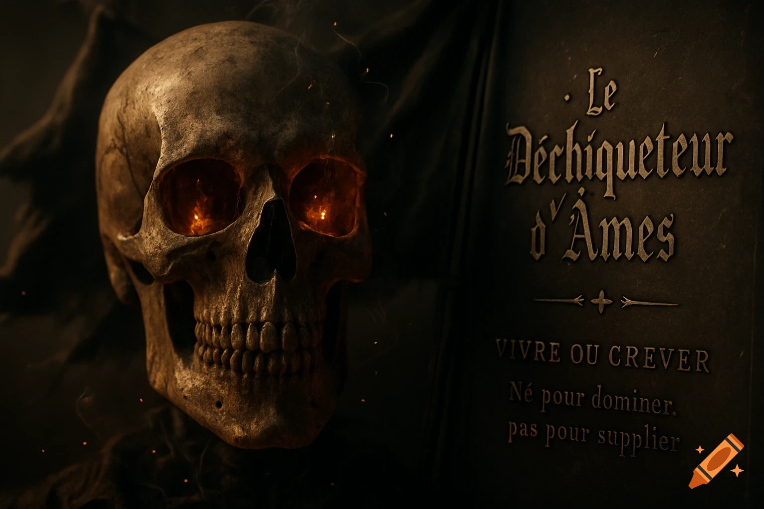 An ultra-realistic close-up of a human skull with glowing orange eyes and faint smoke, next to a dark engraved panel with gothic text.