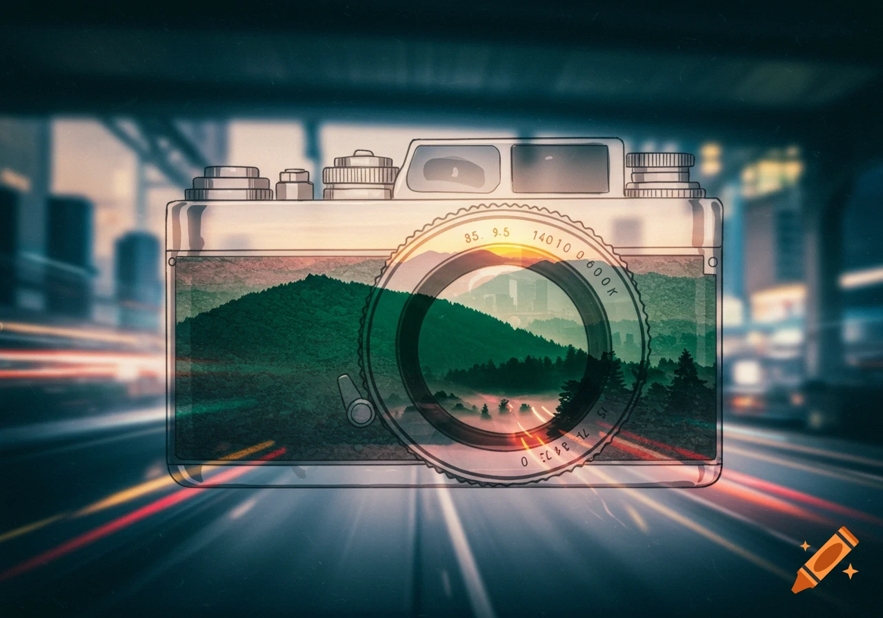 Stylized double exposure of a camera silhouette over blurred city lights, with a green mountain landscape reflected inside its body and lens.