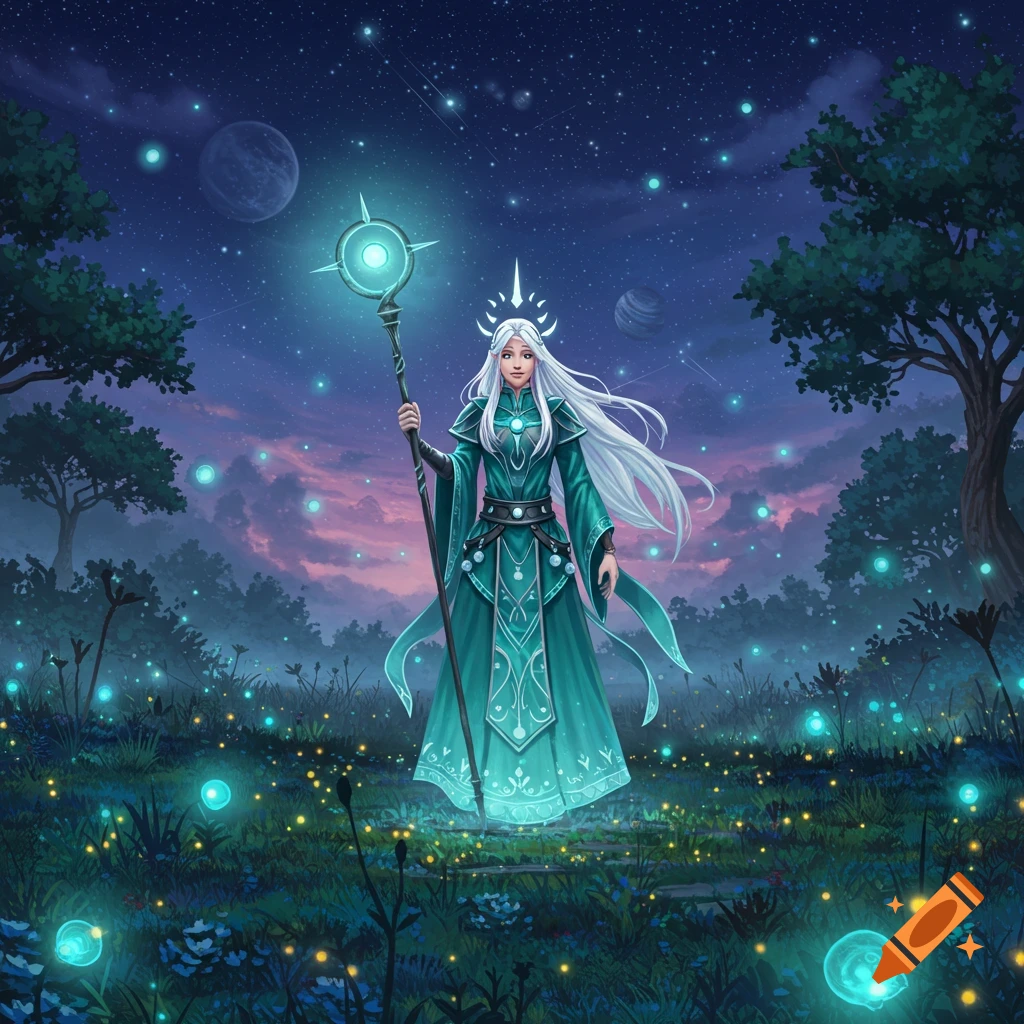 A fantasy sorceress with long white hair, a teal gown, and a glowing staff stands in a magical forest at night under a starry sky.