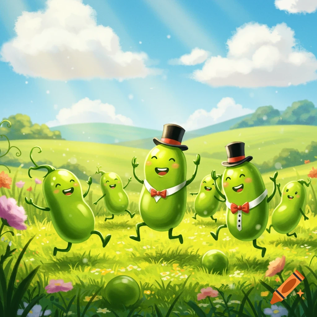 Happy cartoon peas, some wearing top hats and bow ties, dancing in a sunny, green flowery field, illustration.