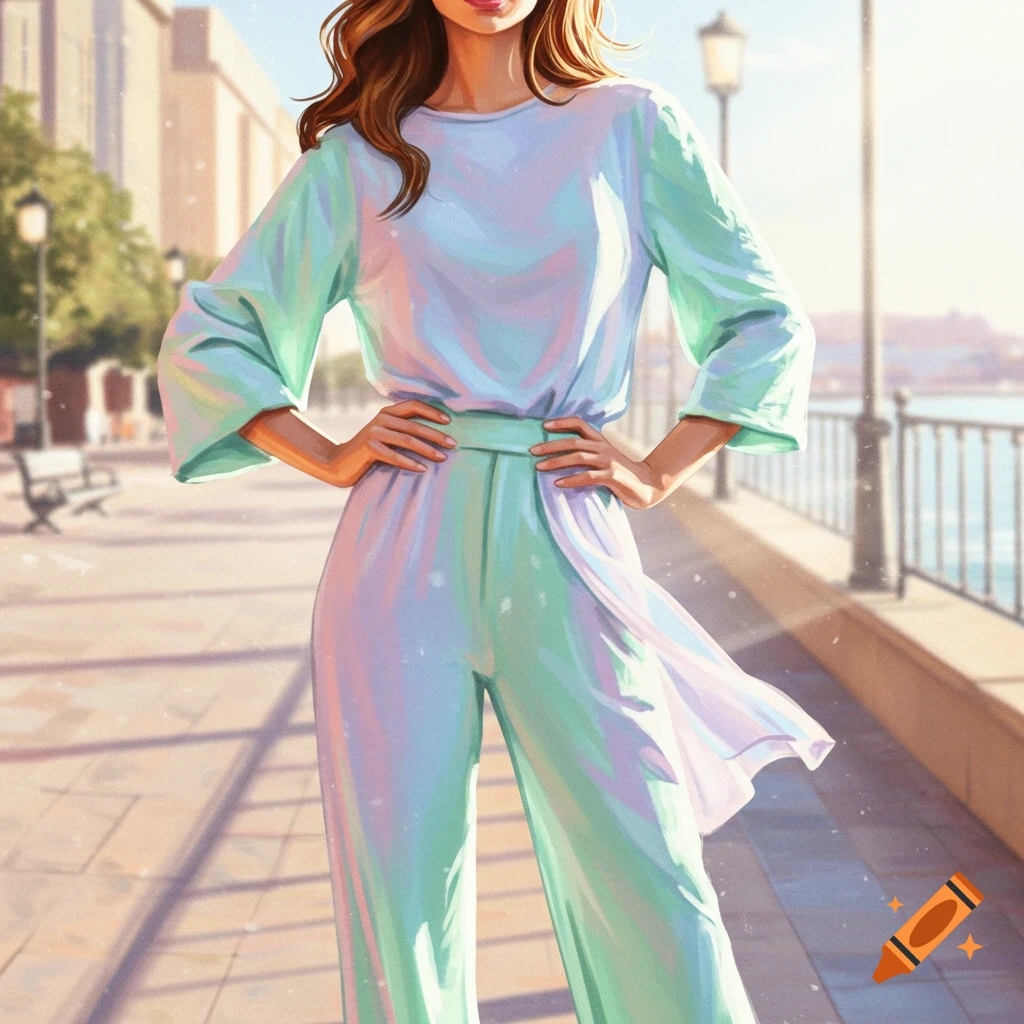 A woman in a flowing pastel jumpsuit stands with hands on her hips on a sunny waterfront promenade.