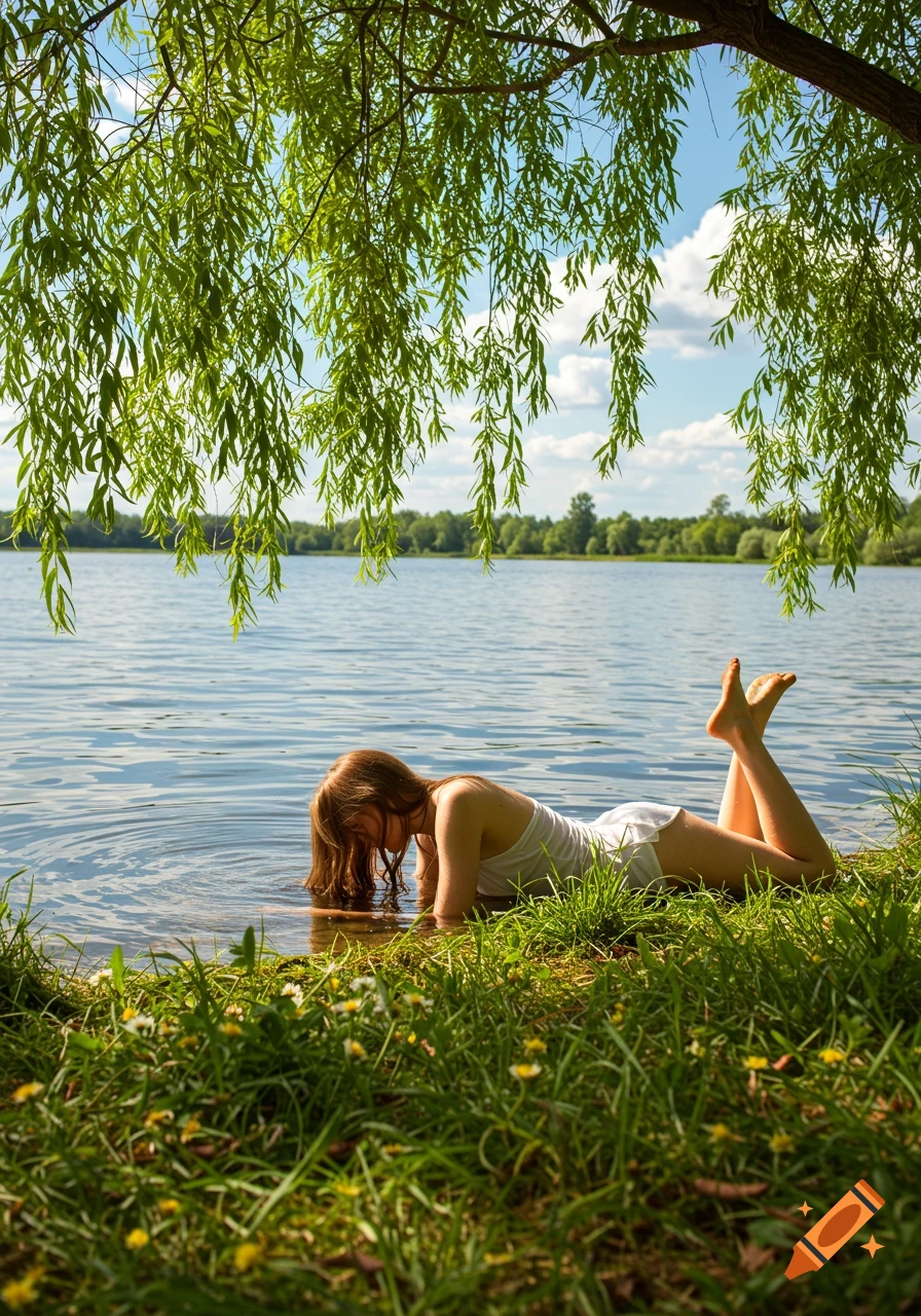 A woman in a white top and shorts lies on her stomach at the edge of a lake, framed by weeping willow branches and green grass.