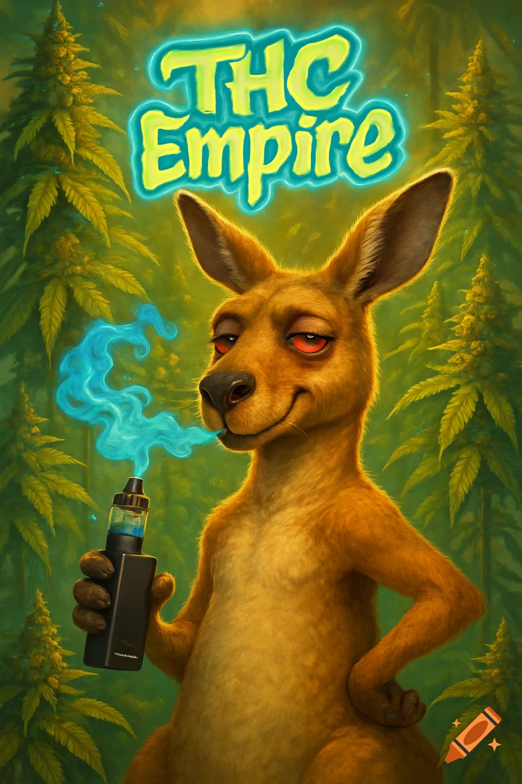 A cartoon kangaroo with red eyes smokes a blue vape, surrounded by a jungle of cannabis plants, with the text 'THC Empire' above.