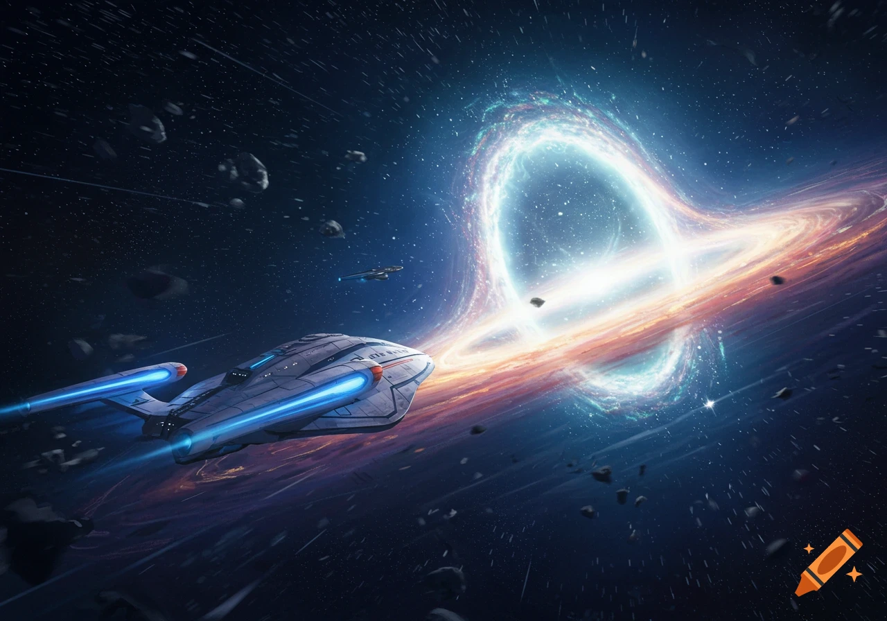 A futuristic spaceship with glowing blue engines flies past a vibrant, swirling cosmic portal in deep space, with asteroids scattered around.