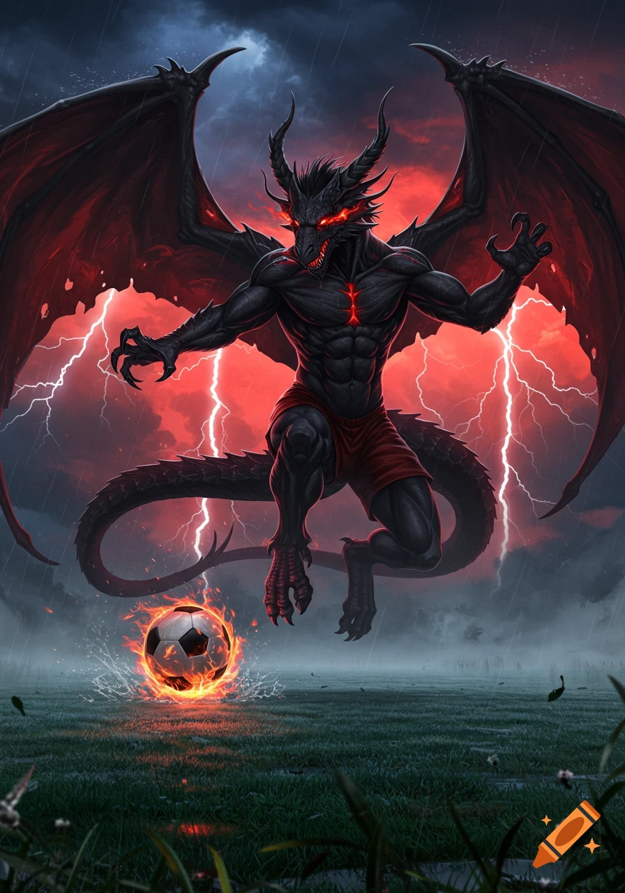 A powerful black dragon with red glowing eyes and wings hovers over a stormy soccer field, near a flaming soccer ball.