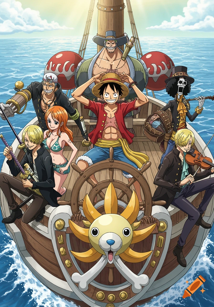 The One Piece anime crew, including Luffy, Nami, Franky, and others, on the Thousand Sunny ship, sailing on a sunny ocean.