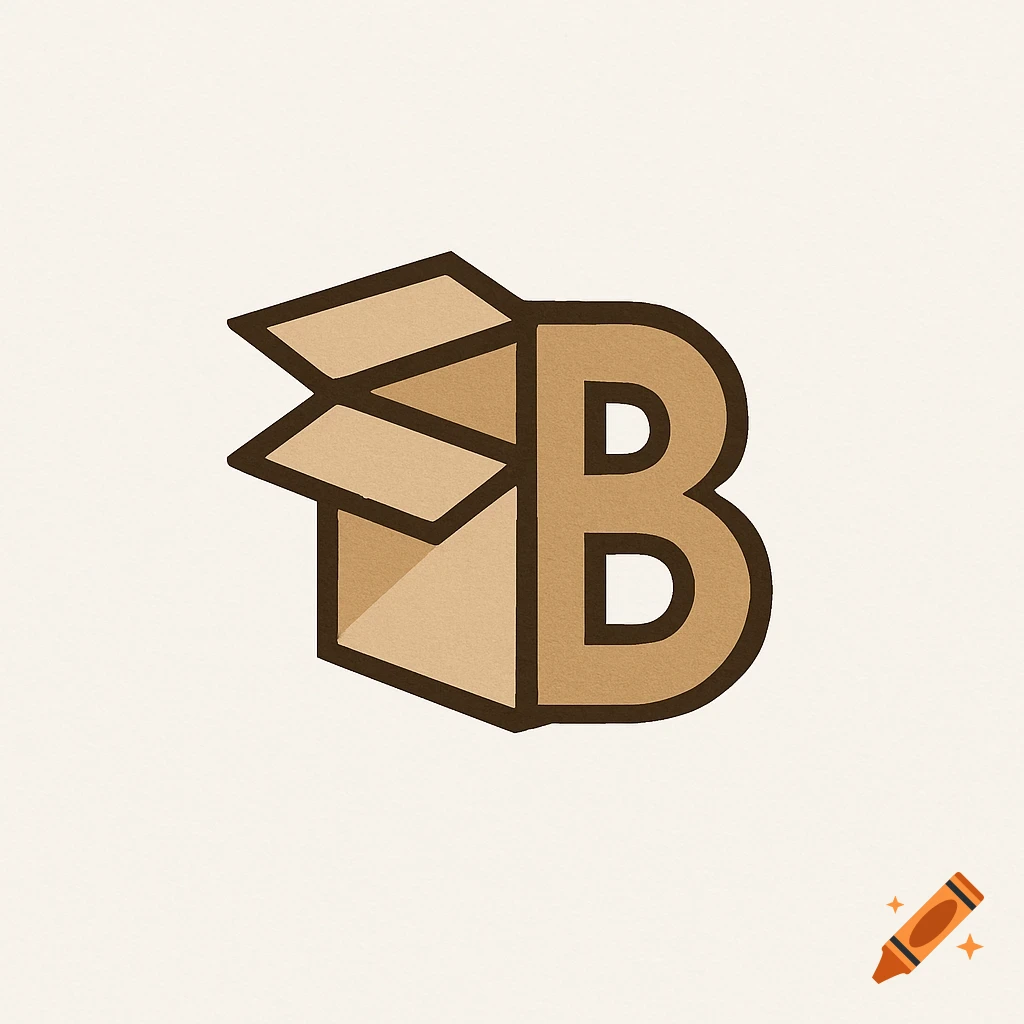 A stylized logo featuring a brown capital letter 'B' merged with an open cardboard box on a light background.