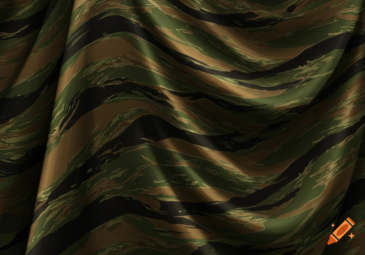 A draped fabric with a wavy tigerstripe camouflage pattern in shades of green, black, and brown.