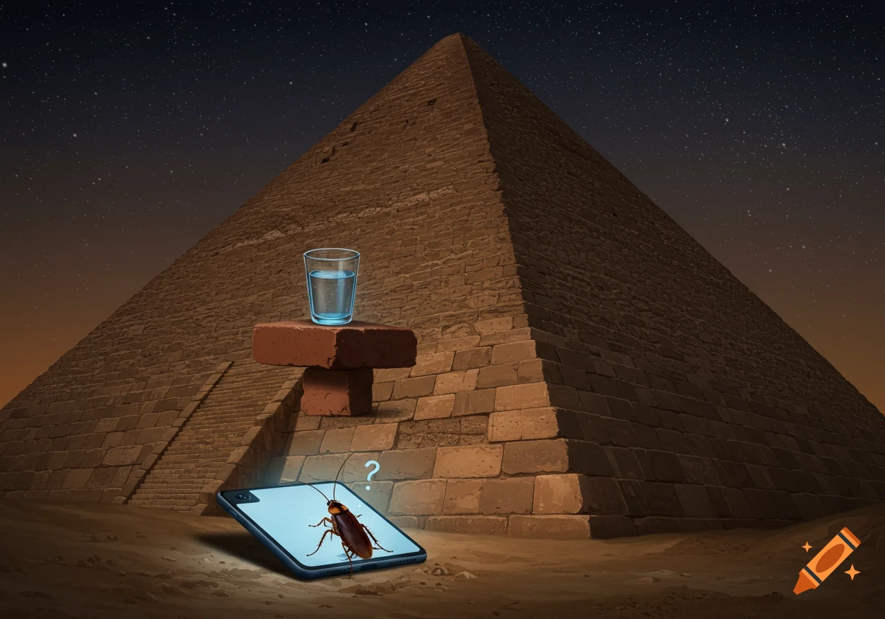 An illustrative scene of a cockroach on a smartphone in front of a pyramid at night, with a glass of water on bricks.