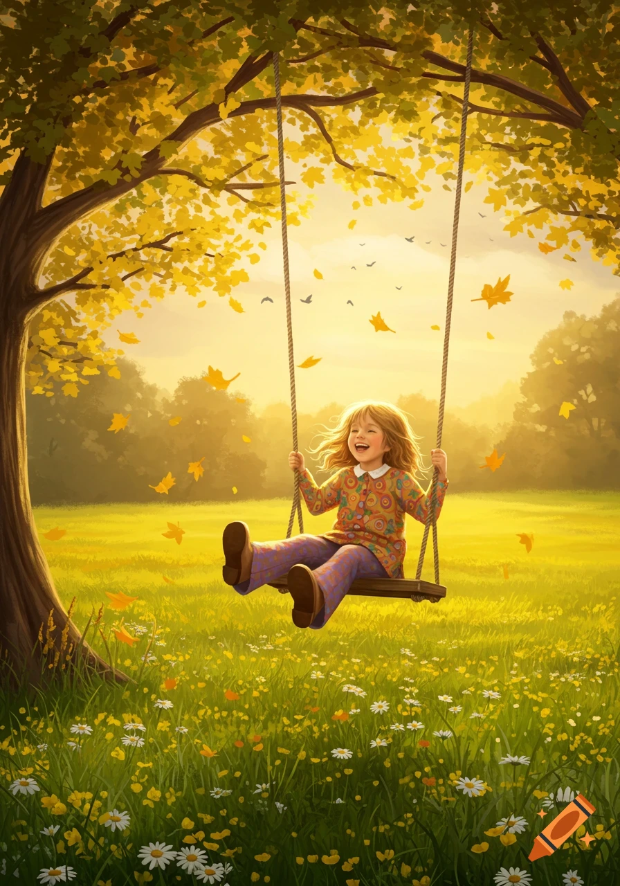 A happy child swings on a wooden swing hanging from a large tree with golden leaves in a sunlit field of wildflowers.