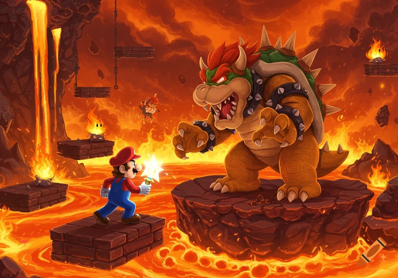 Mario holding a power-up star confronts a roaring Bowser in a lava-filled castle environment with floating brick platforms. Illustrated.