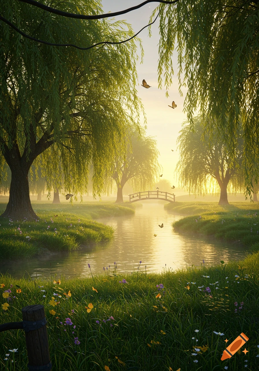 Serene landscape with weeping willow trees over a calm river, a small bridge, wildflowers, and butterflies under soft golden light.