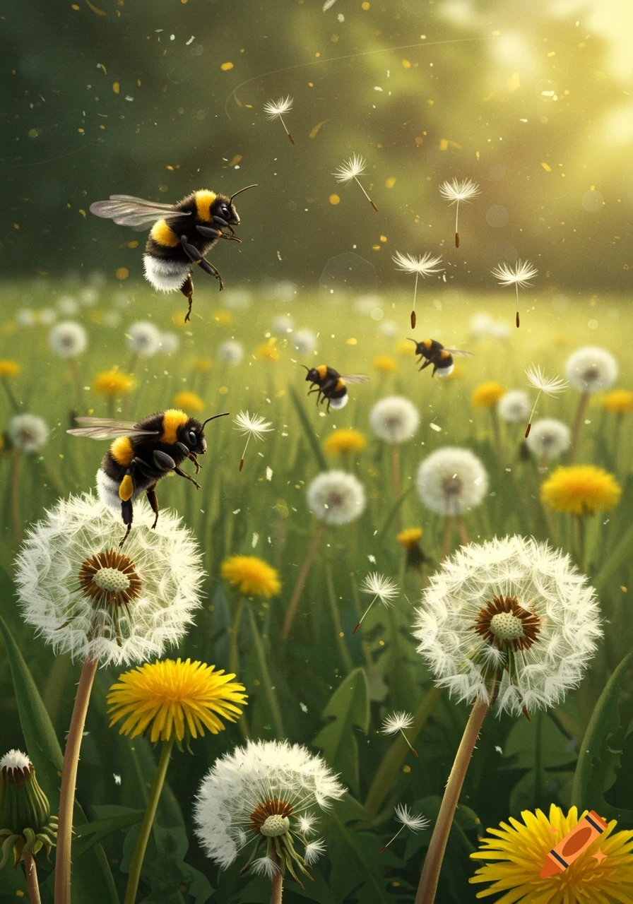 Fluffy bumblebees fly over a field of white dandelions and yellow flowers under a sunny sky, with dandelion seeds floating.
