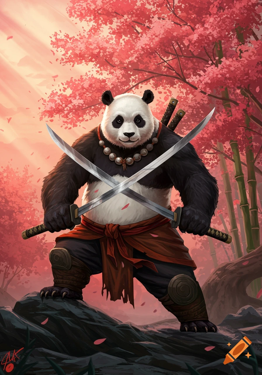A powerful panda warrior with a beaded necklace holds two crossed katanas, standing on a rock under vibrant red cherry blossom trees and bamboo.