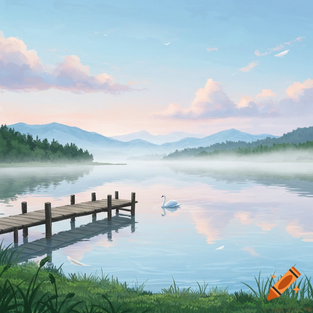 An illustrated serene lake scene with a wooden dock, a white swan, misty mountains, and green grass under a soft, cloudy sky.
