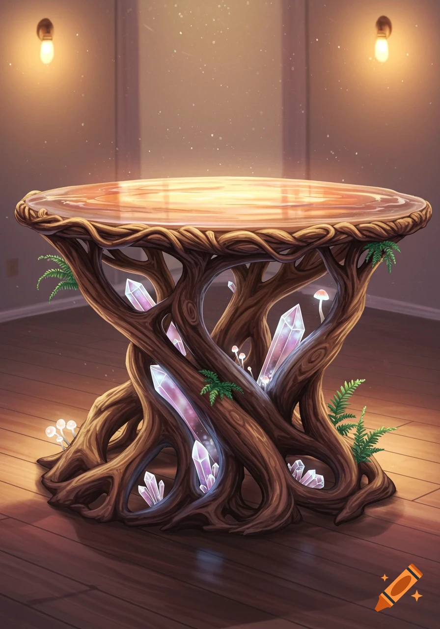 A fantasy table with a twisted wooden base, embedded glowing crystals, and small mushrooms, topped with a smooth, reflective surface.