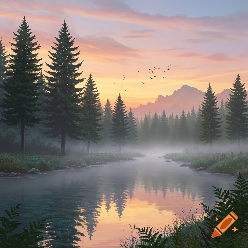 A serene river reflects a vibrant sunset sky and tall pine trees in a misty forest, with distant mountains and birds flying.