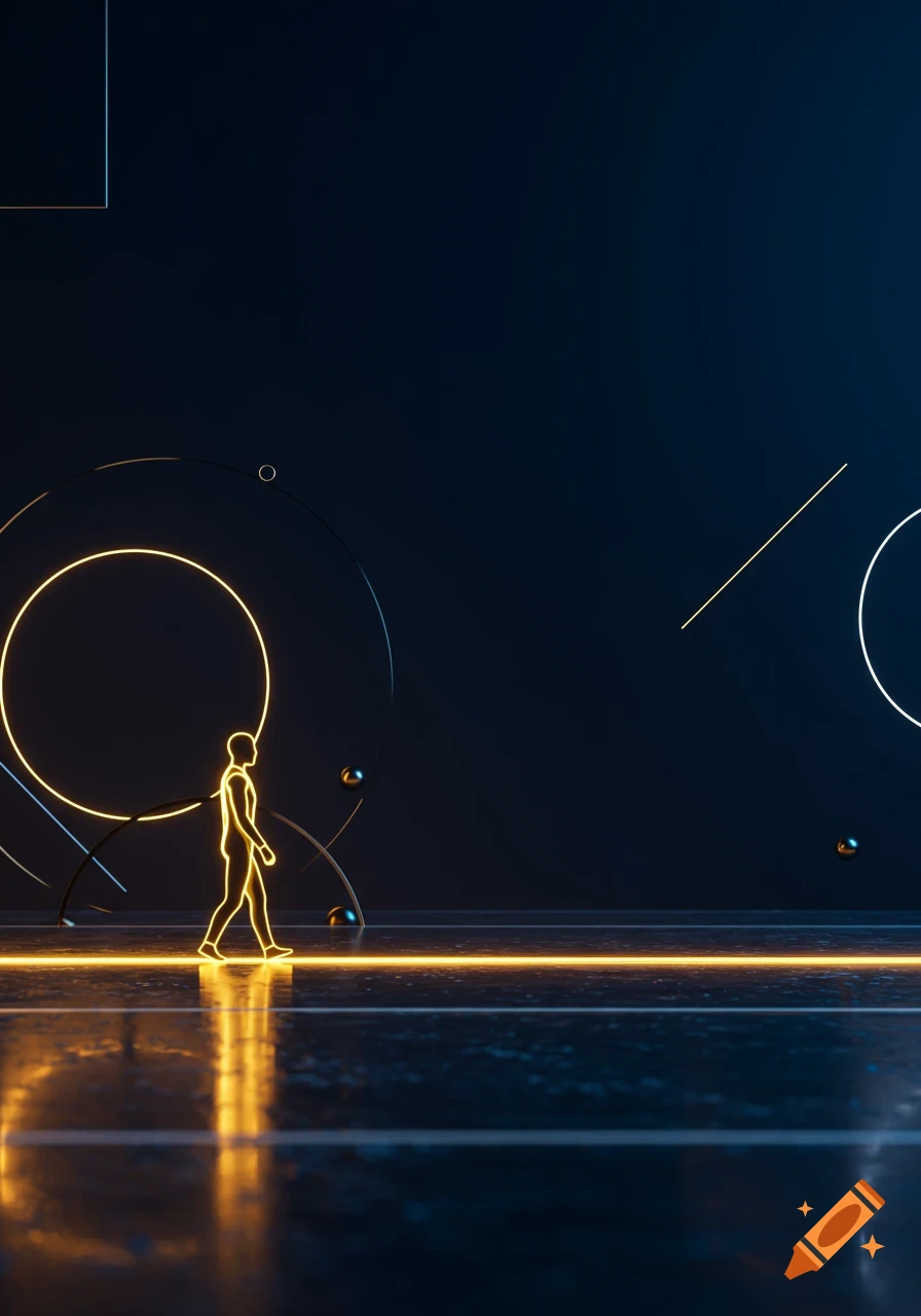 A glowing golden silhouette of a person walks on a luminous path on a reflective dark floor, with abstract neon shapes.