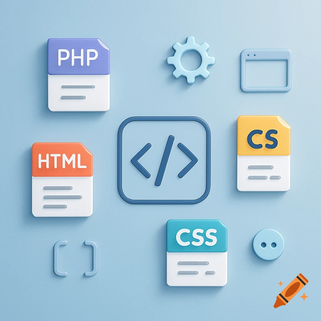 3D render of programming language icons on a pastel blue background, including PHP, HTML, CSS, and a file labeled "CS", with a "</>" symbol.