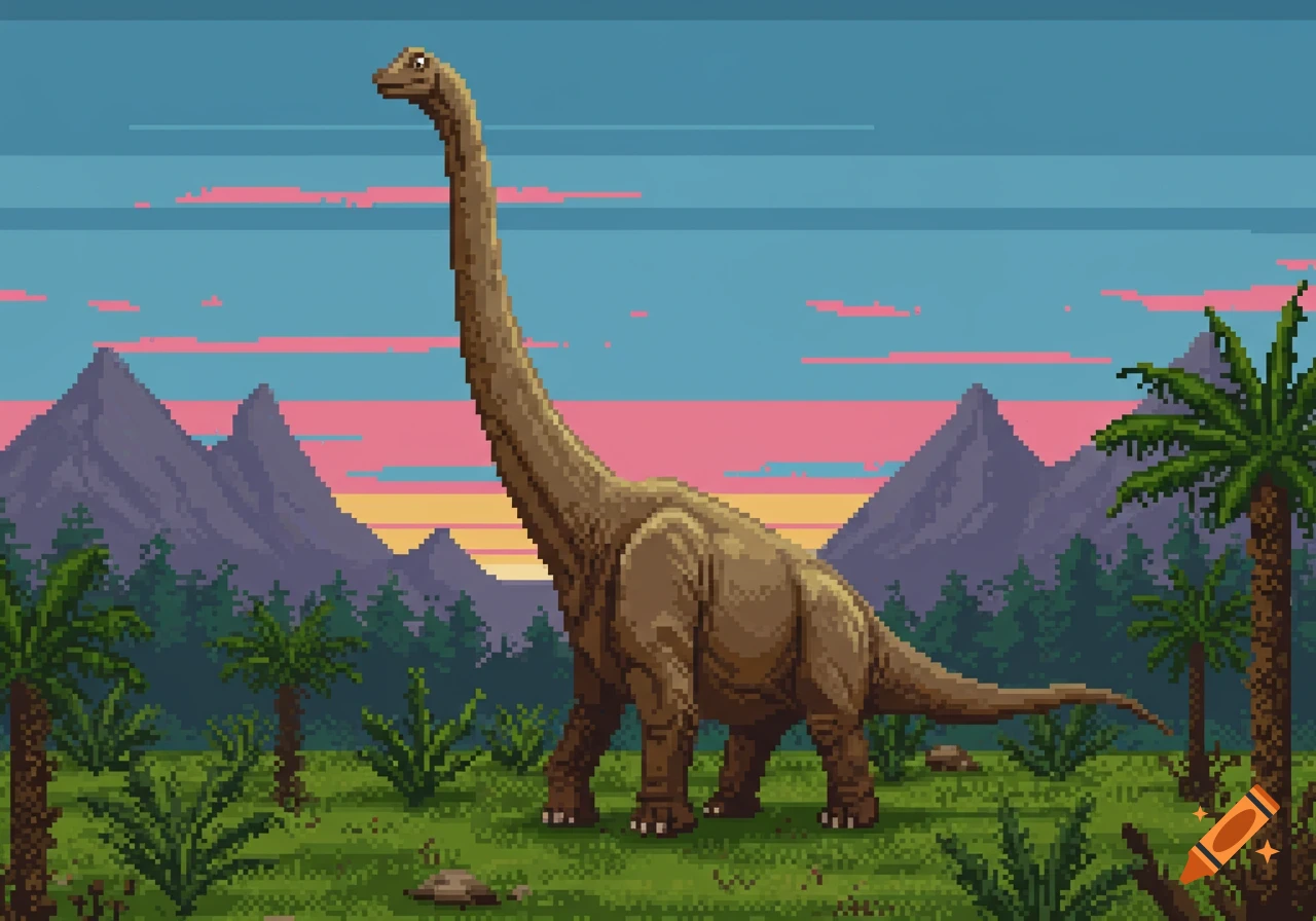A brown pixel art brachiosaurus stands in a prehistoric landscape with green plants, palm trees, and purple mountains under a pink and blue sky.