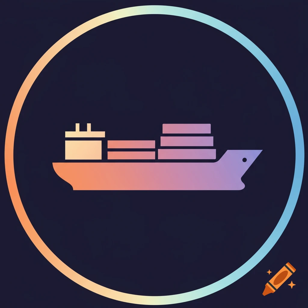 A minimalist icon of a shipping ship with a colorful gradient, on a dark background within a circle.