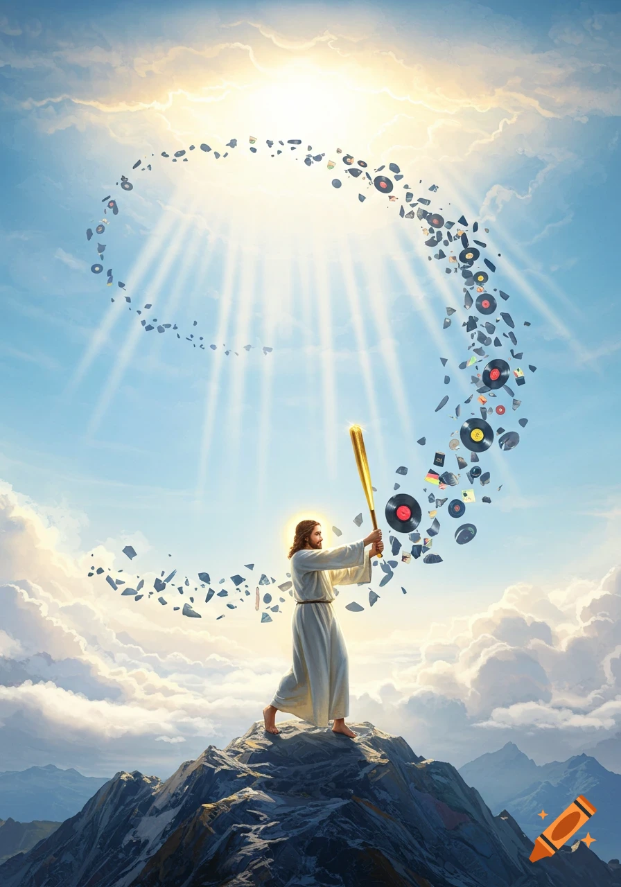 Jesus stands on a mountain peak, swinging a golden baseball bat to shatter vinyl records that spiral into a sunny, cloudy sky.
