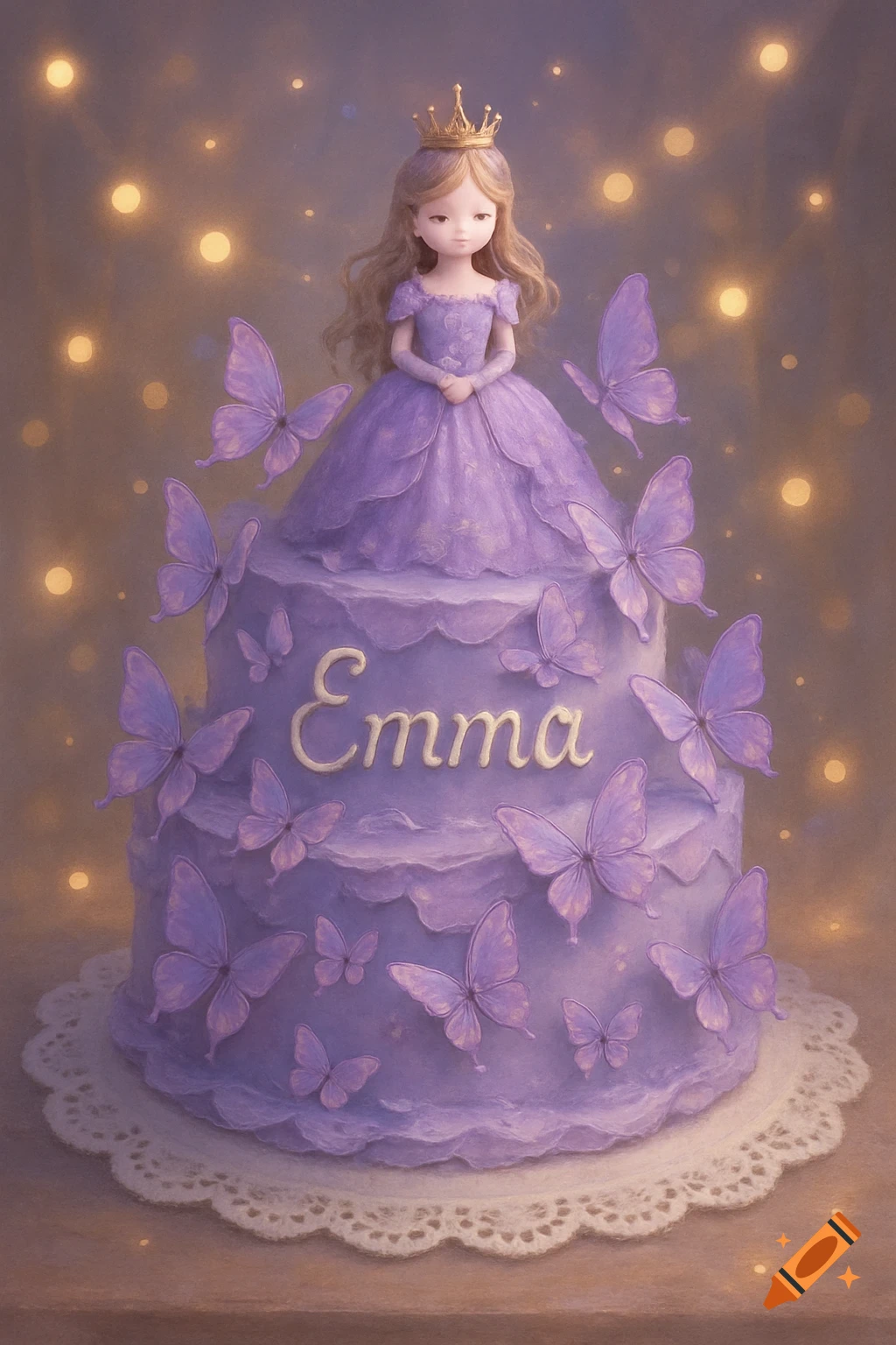 A light purple, three-tier birthday cake with a princess doll on top, decorated with numerous purple butterflies and the name 'Emma' on the middle tier, with bokeh lights in the background.