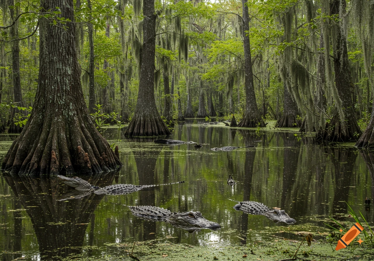 Alligators swim in a green, moss-covered swamp surrounded by tall cypress trees with Spanish moss.