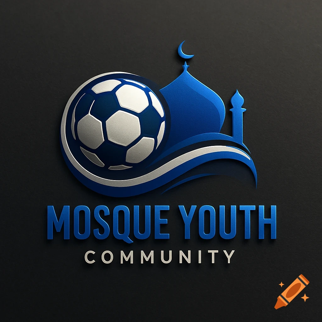 A 3D-style logo featuring a blue and white soccer ball alongside a blue mosque silhouette, with the text 'MOSQUE YOUTH COMMUNITY' below, all on a dark background.