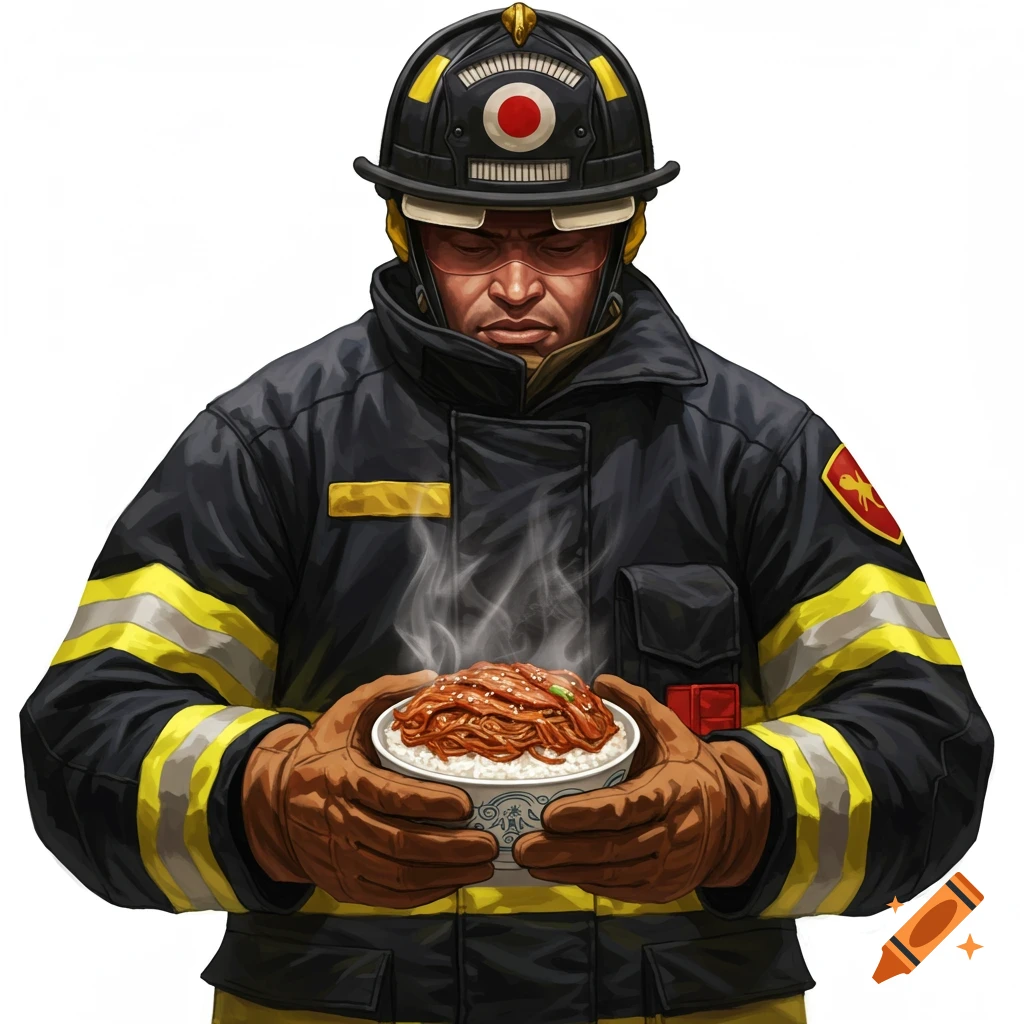 A firefighter in uniform with a black helmet and yellow stripes holds a steaming bowl of noodles and rice against a white background.