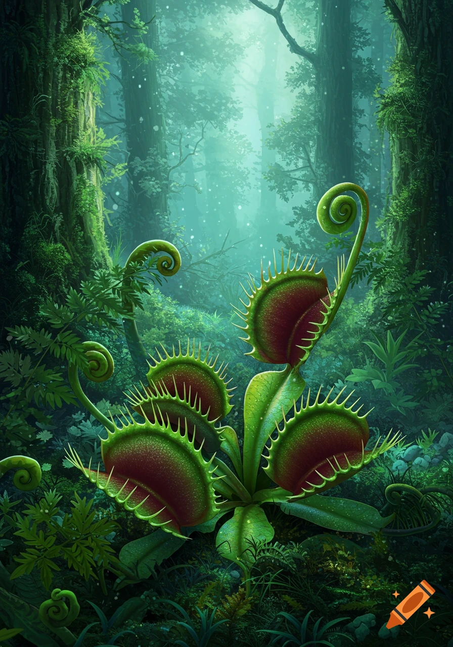 A detailed, fantasy-style image of a large Venus flytrap in a lush, misty forest.
