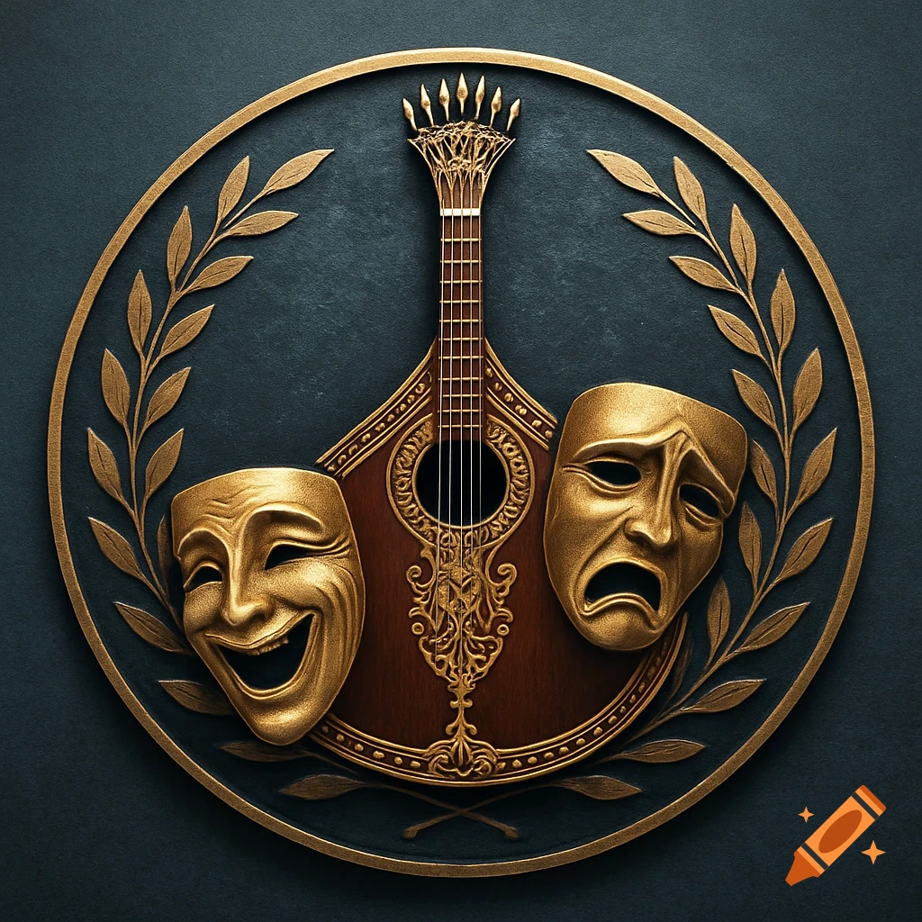 Round logo featuring a golden Portuguese guitar, comedy and tragedy masks, and laurel branches on a dark background.