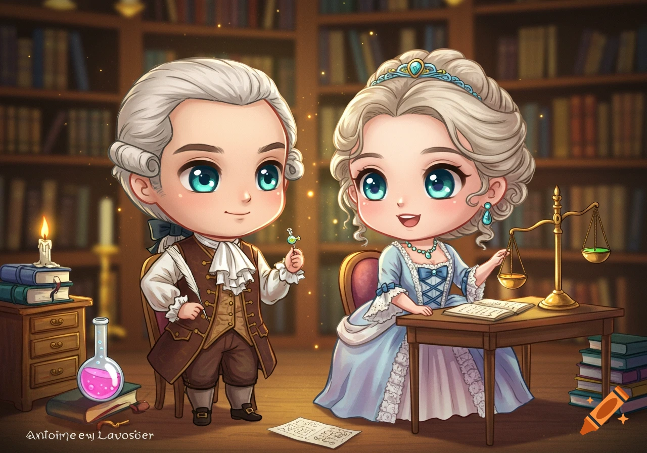 Chibi Antoine Lavoisier and his wife in historical attire stand in a library with science instruments.